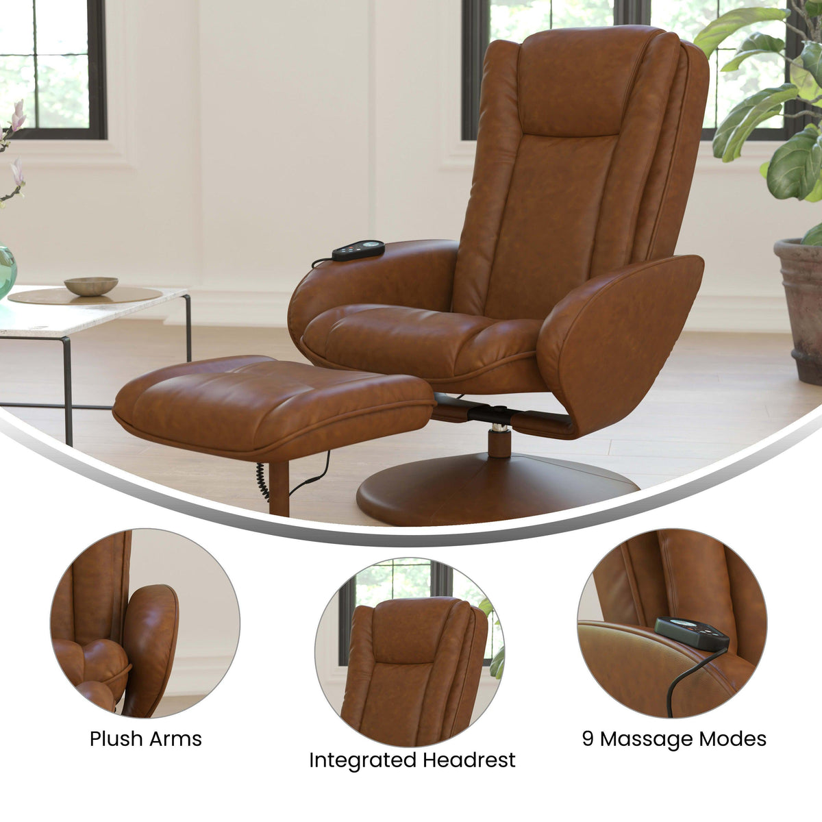 Brown |#| Brown LeatherSoft Massaging Multi-Position Recliner w/Side Pocket &Ottoman
