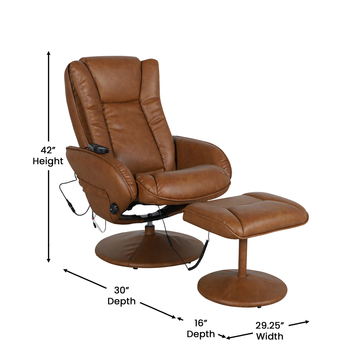 Brown |#| Brown LeatherSoft Massaging Multi-Position Recliner w/Side Pocket &Ottoman