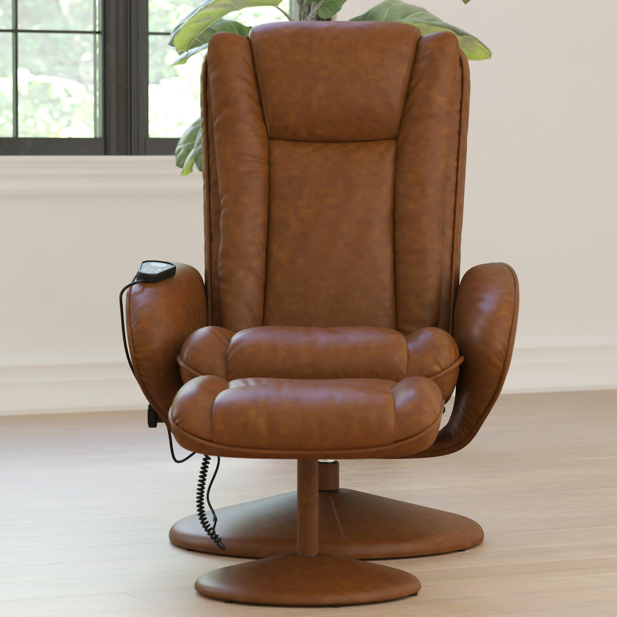 Brown |#| Brown LeatherSoft Massaging Multi-Position Recliner w/Side Pocket &Ottoman