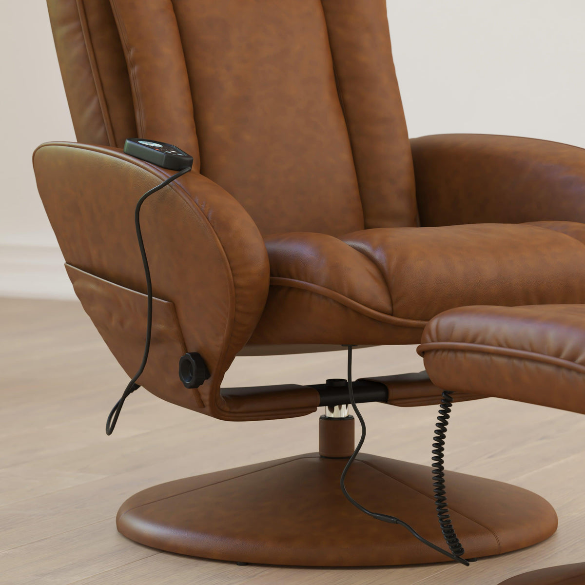 Brown |#| Brown LeatherSoft Massaging Multi-Position Recliner w/Side Pocket &Ottoman