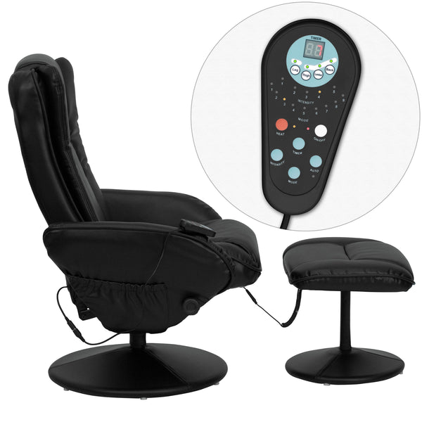 Black |#| Black LeatherSoft Massaging Multi-Position Recliner w/Side Pocket &Ottoman