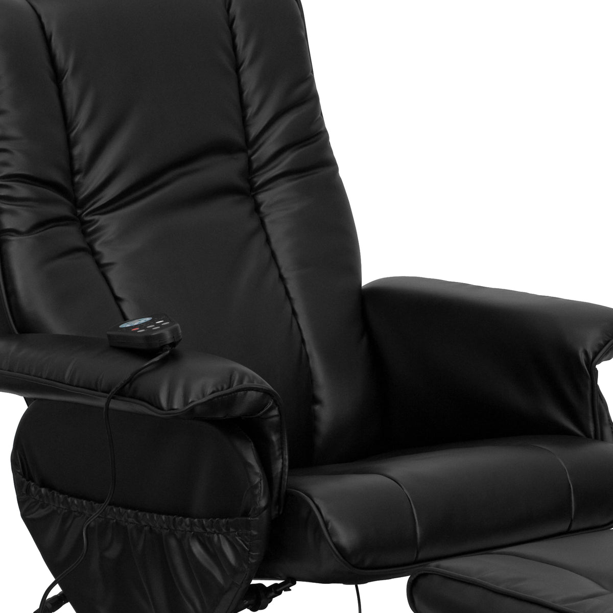 Black |#| Massaging and Heat Controlled Recliner & Ottoman Set in Black LeatherSoft