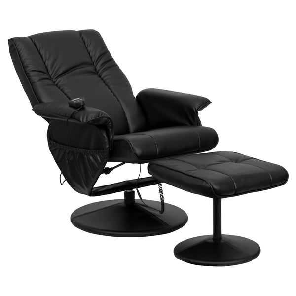 Black |#| Massaging and Heat Controlled Recliner & Ottoman Set in Black LeatherSoft