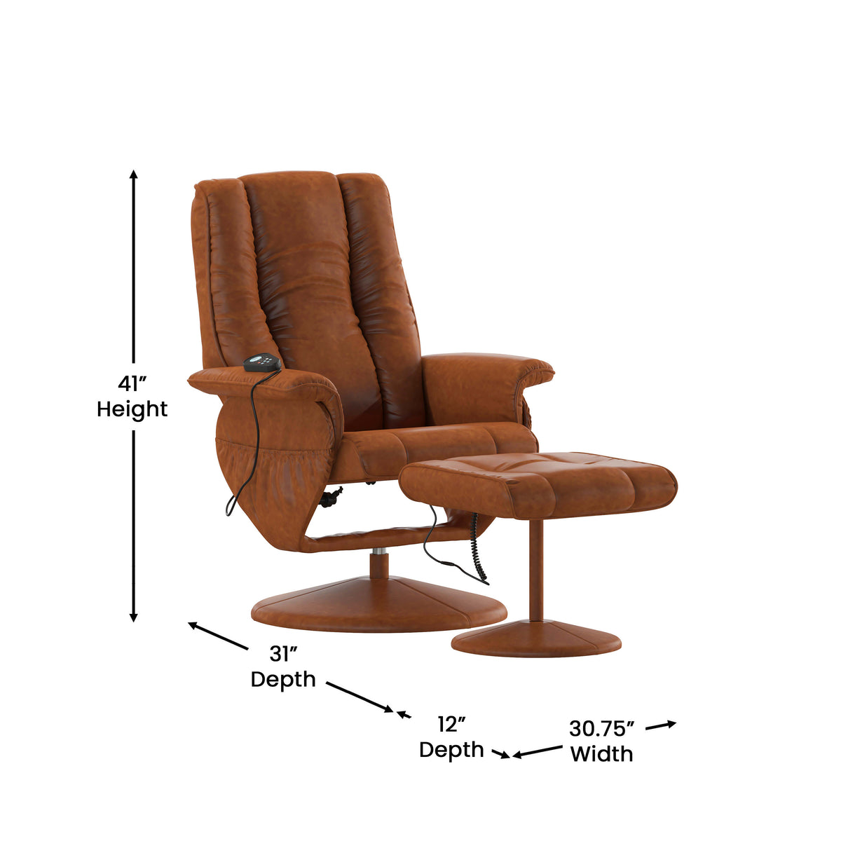 Brown |#| Massaging and Heat Controlled Recliner & Ottoman Set in Brown LeatherSoft