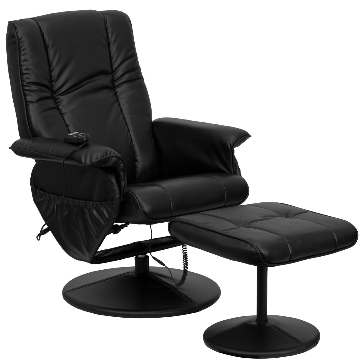 Black |#| Massaging and Heat Controlled Recliner & Ottoman Set in Black LeatherSoft