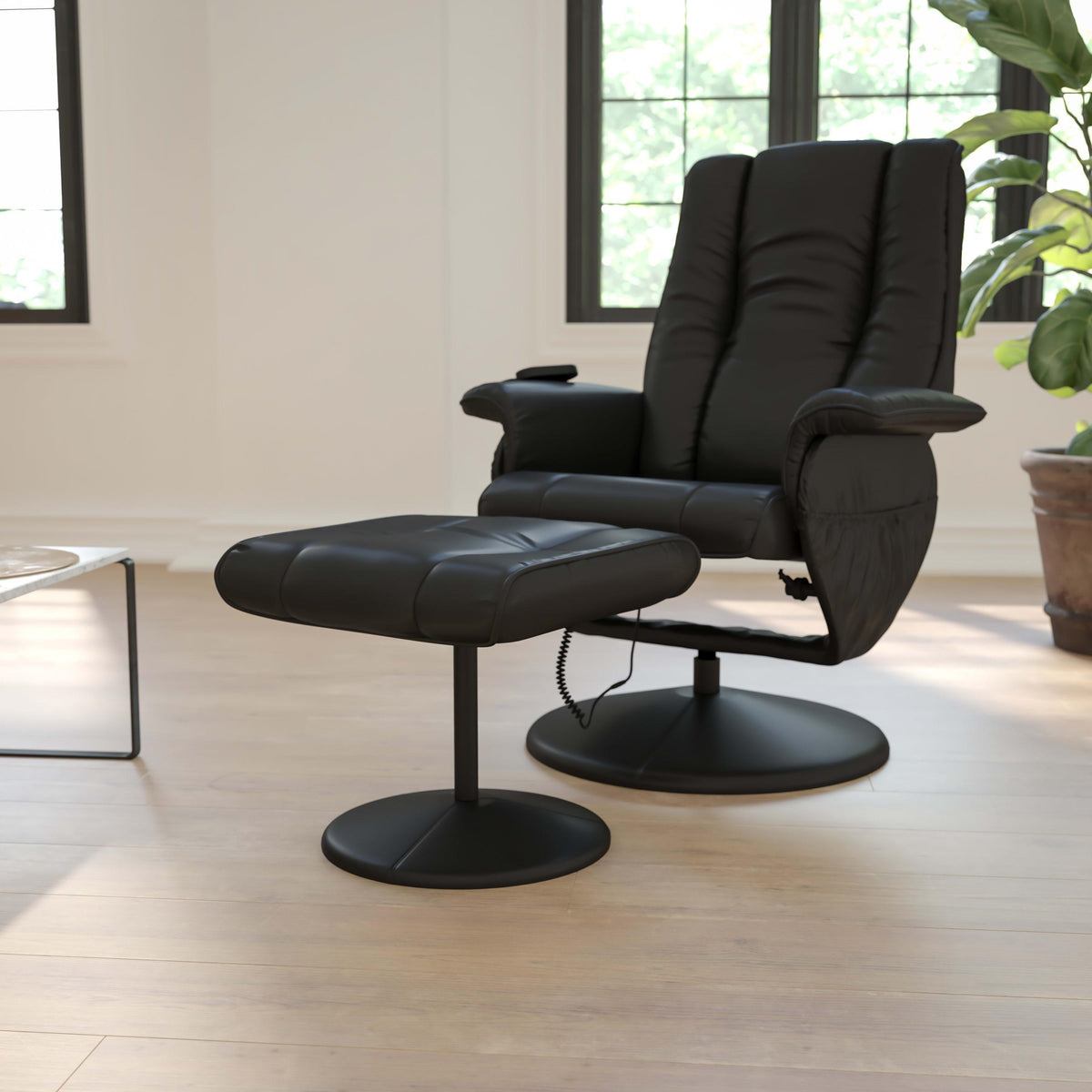 Black |#| Massaging and Heat Controlled Recliner & Ottoman Set in Black LeatherSoft