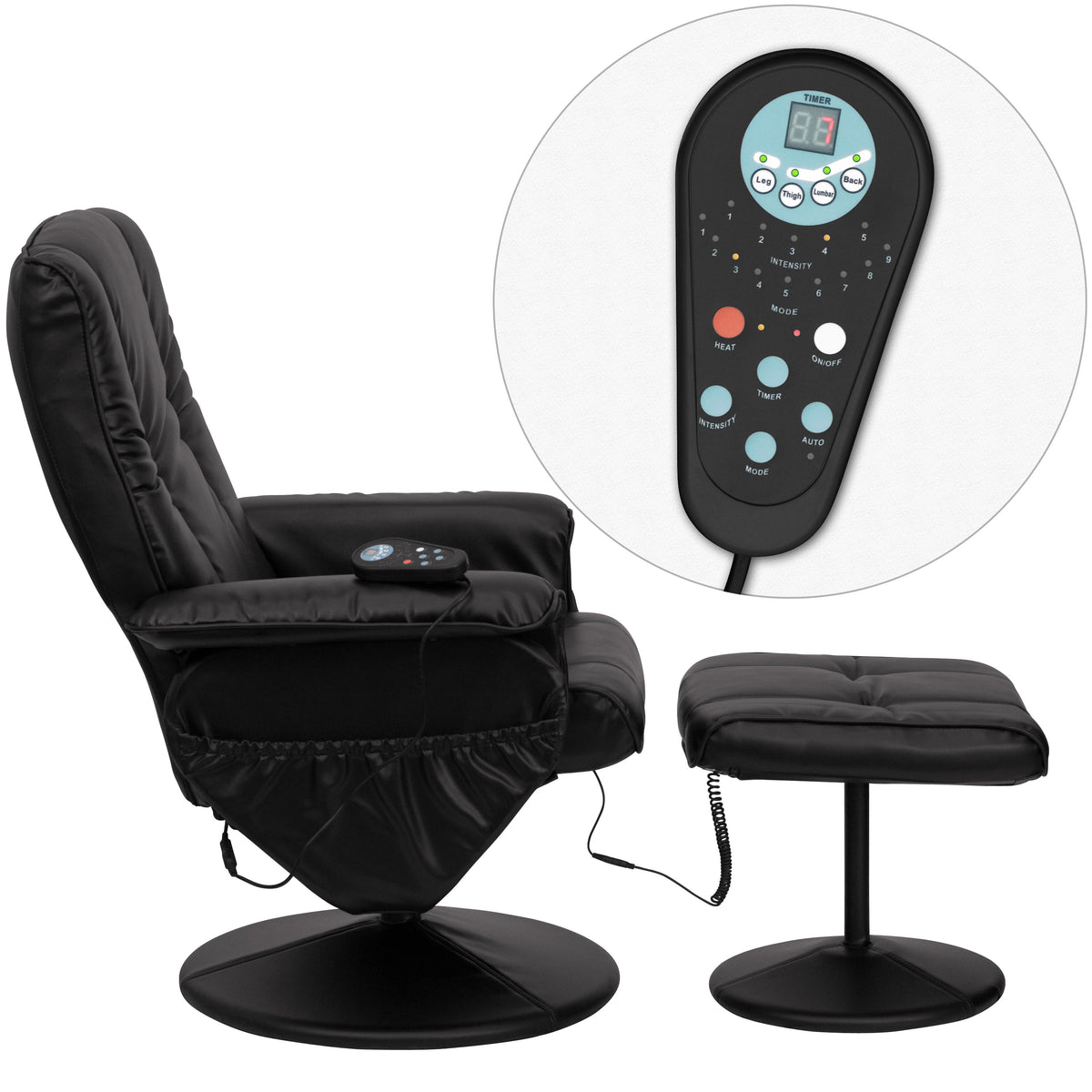 Black |#| Massaging and Heat Controlled Recliner & Ottoman Set in Black LeatherSoft