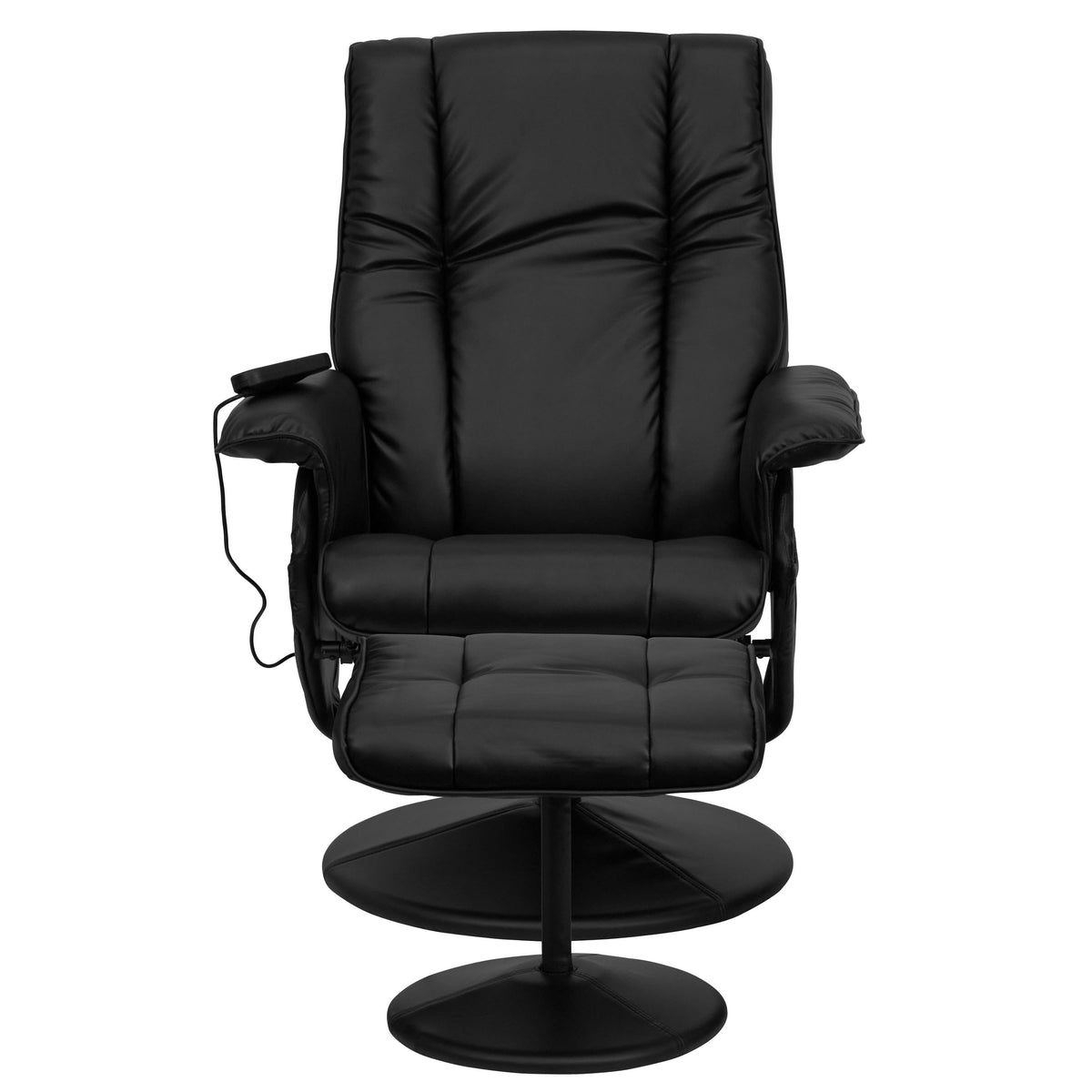 Black |#| Massaging and Heat Controlled Recliner & Ottoman Set in Black LeatherSoft