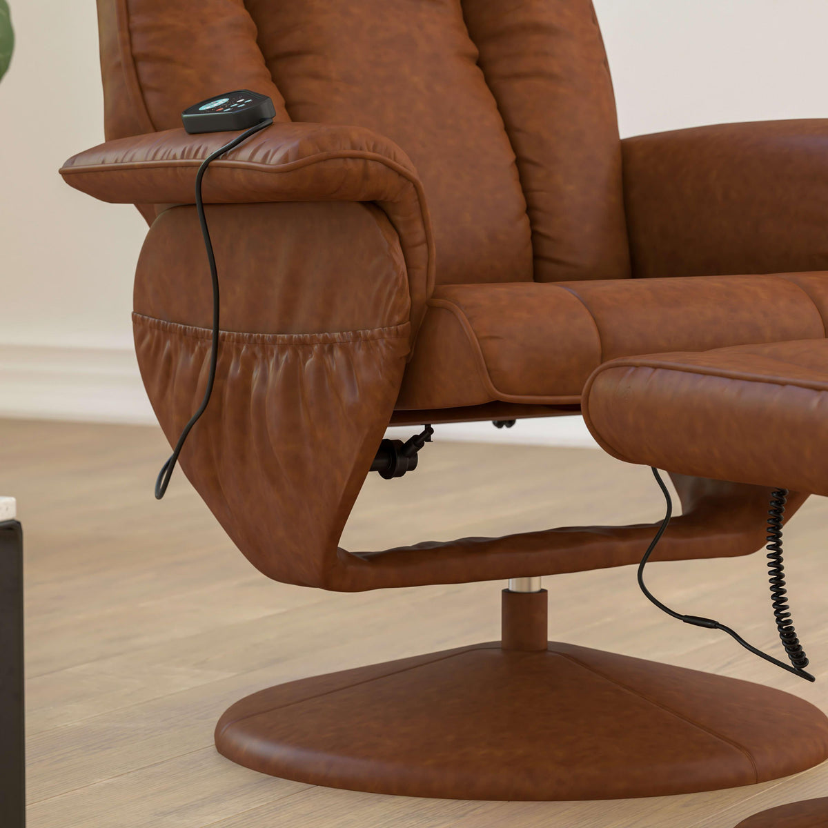 Brown |#| Massaging and Heat Controlled Recliner & Ottoman Set in Brown LeatherSoft