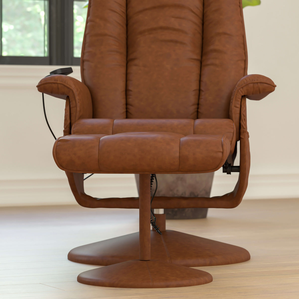 Brown |#| Massaging and Heat Controlled Recliner & Ottoman Set in Brown LeatherSoft