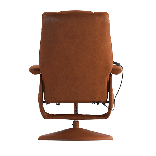Brown |#| Massaging and Heat Controlled Recliner & Ottoman Set in Brown LeatherSoft