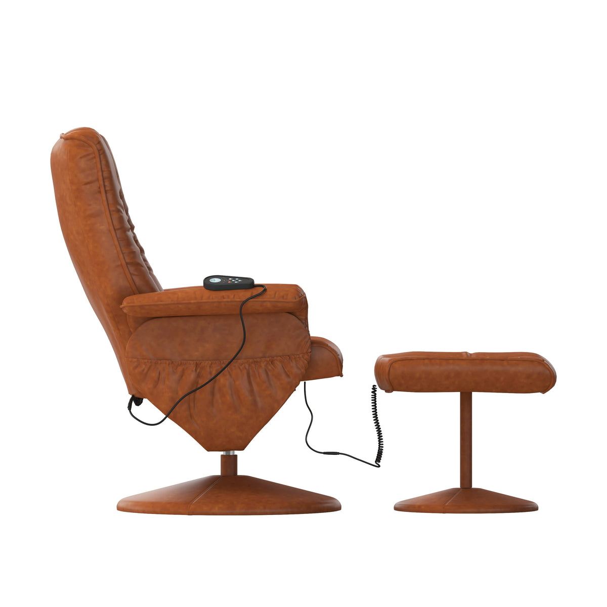 Brown |#| Massaging and Heat Controlled Recliner & Ottoman Set in Brown LeatherSoft