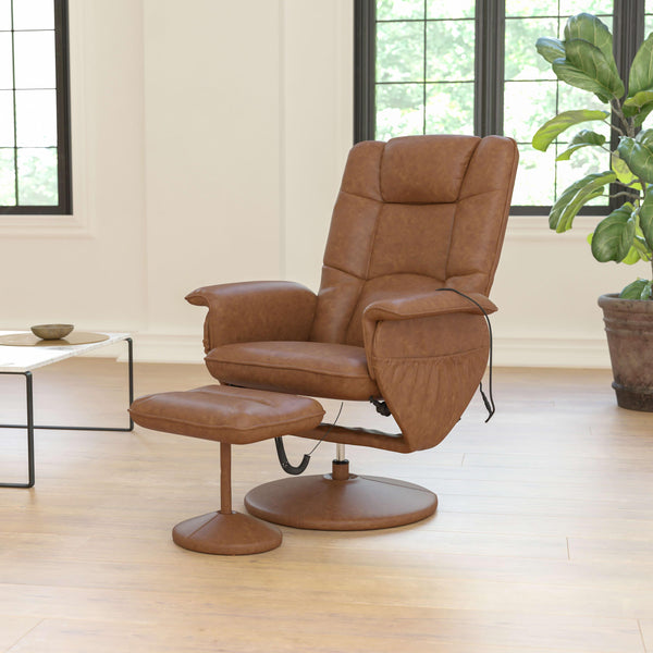 Brown |#| Brown LeatherSoft Massaging Adjustable Recliner w/Ottoman w/Side Pocket