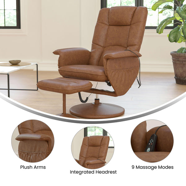 Brown |#| Brown LeatherSoft Massaging Adjustable Recliner w/Ottoman w/Side Pocket