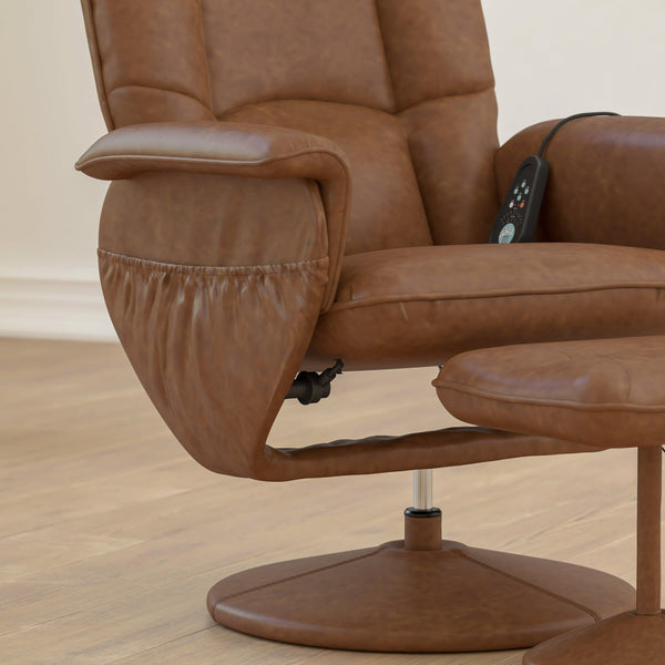 Brown |#| Brown LeatherSoft Massaging Adjustable Recliner w/Ottoman w/Side Pocket