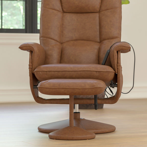 Brown |#| Brown LeatherSoft Massaging Adjustable Recliner w/Ottoman w/Side Pocket