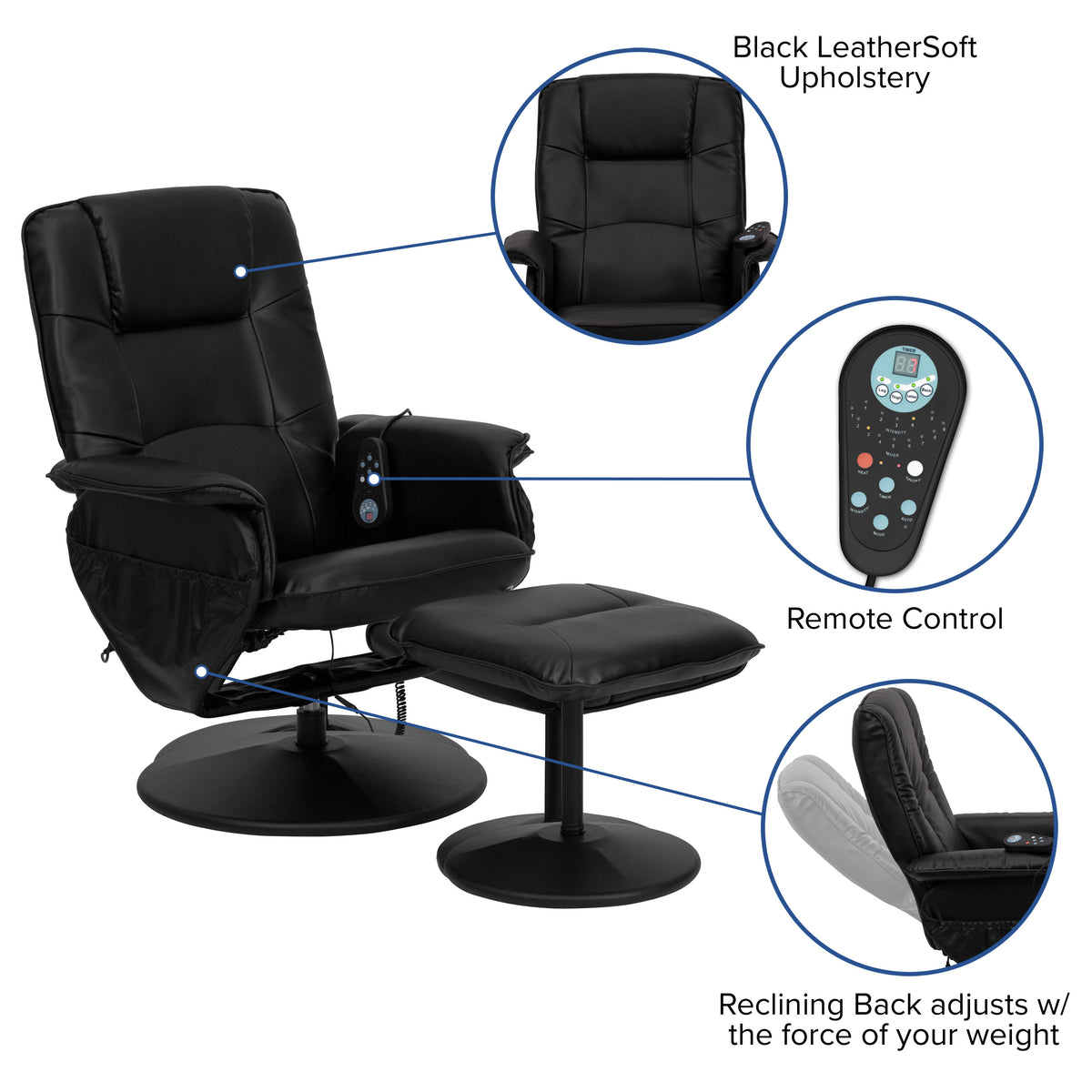 Black |#| Black LeatherSoft Massaging Adjustable Recliner w/Ottoman w/Side Pocket