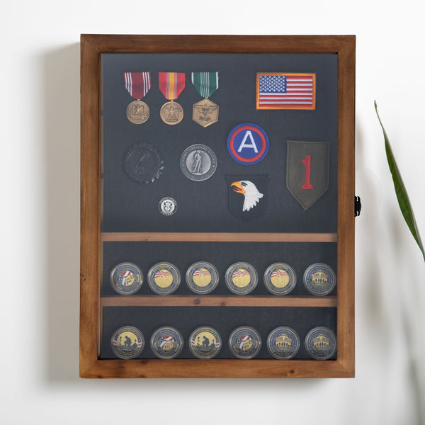 Rustic Brown,14.5"W x 2.75"D x 17.75"H |#| Wooden Medals Display Case with 4 Removable Shelves in Rustic Brown - 14.5x17.5