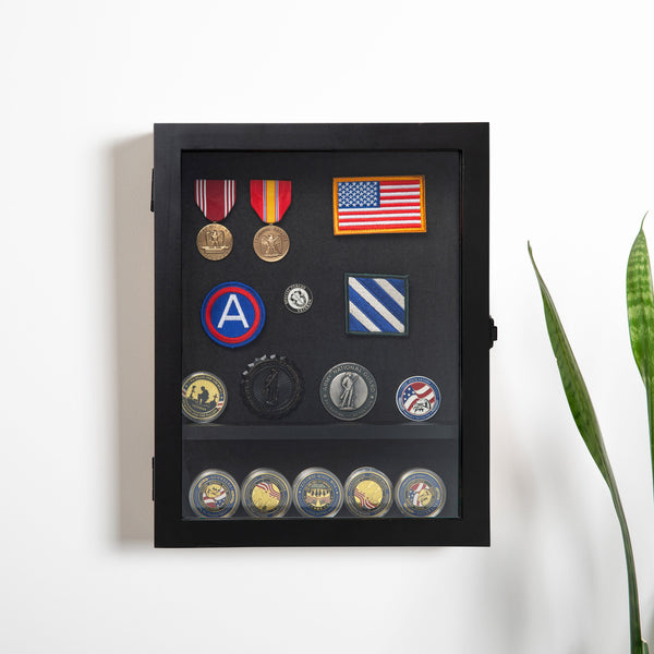 Black,11.5"W x 2.75"D x 14"H |#| Wooden Medals Display Case with 3 Removable Shelves in Black - 11x14