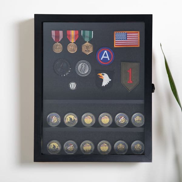 Black,14.5"W x 2.75"D x 17.75"H |#| Wooden Medals Display Case with 4 Removable Shelves in Black - 14.5x17.5