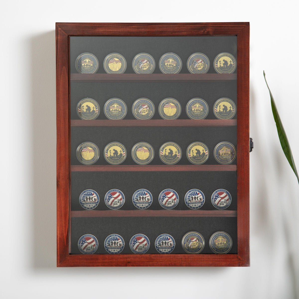 Mahogany,14.5"W x 2.75"D x 17.75"H |#| Wooden Medals Display Case with 4 Removable Shelves in Mahogany - 14.5x17.5