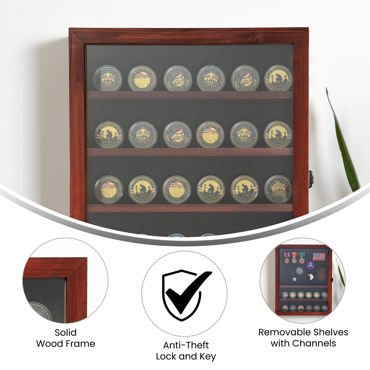 Mahogany,14.5"W x 2.75"D x 17.75"H |#| Wooden Medals Display Case with 4 Removable Shelves in Mahogany - 14.5x17.5