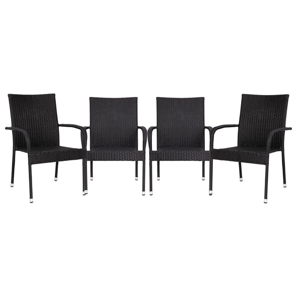 Black |#| Indoor/Outdoor Stacking Steel Framed Black Wicker Dining Armchairs - 4 Pack