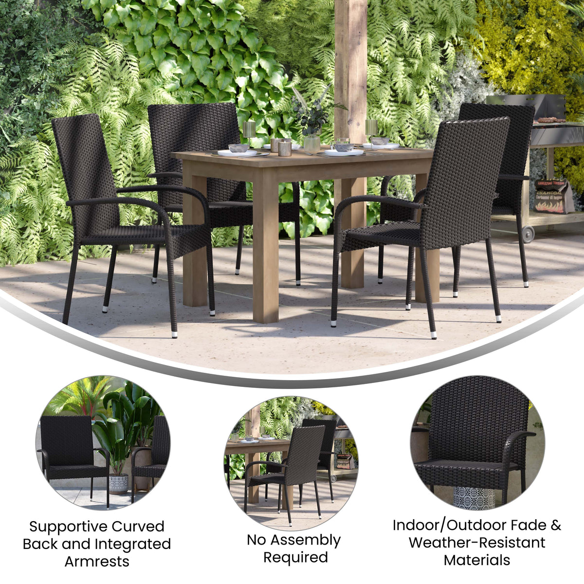 Black |#| Indoor/Outdoor Stacking Steel Framed Black Wicker Dining Armchairs - 4 Pack