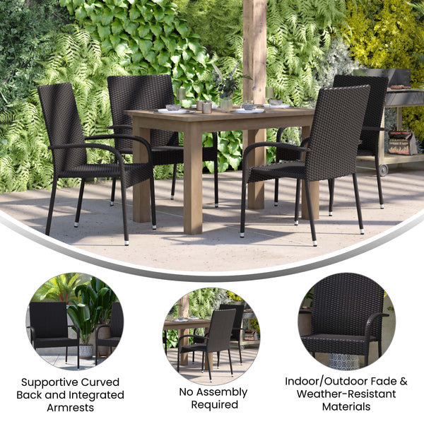 Black |#| Indoor/Outdoor Stacking Steel Framed Black Wicker Dining Armchairs - 4 Pack