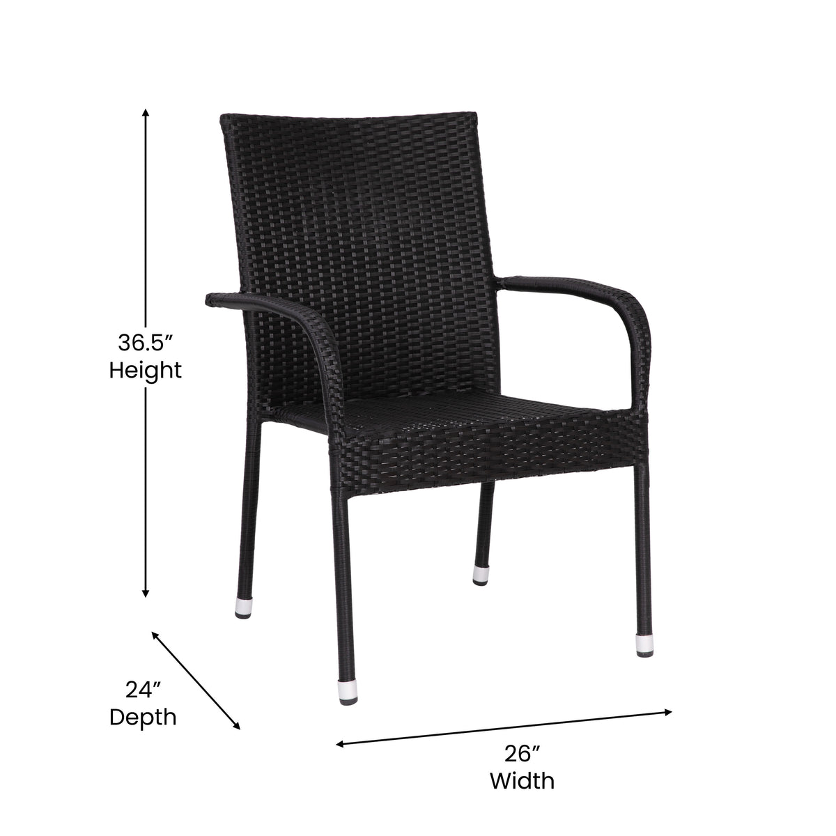 Black |#| Indoor/Outdoor Stacking Steel Framed Black Wicker Dining Armchairs - 4 Pack