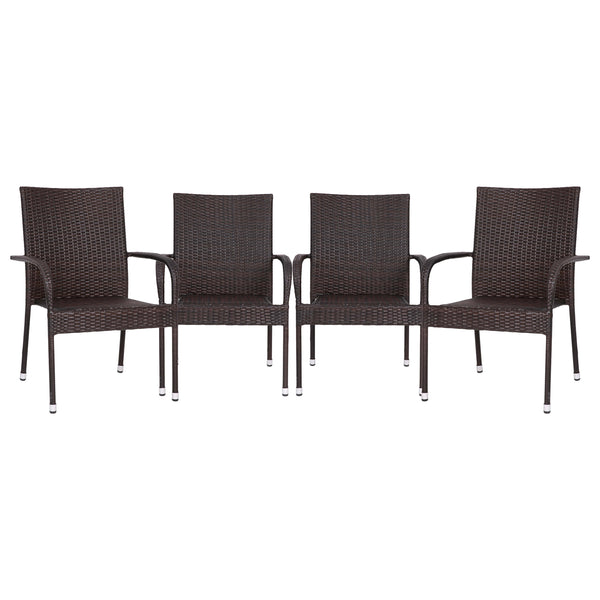 Espresso |#| Indoor/Outdoor Stacking Steel Framed Espresso Wicker Dining Armchairs - 4 Pack