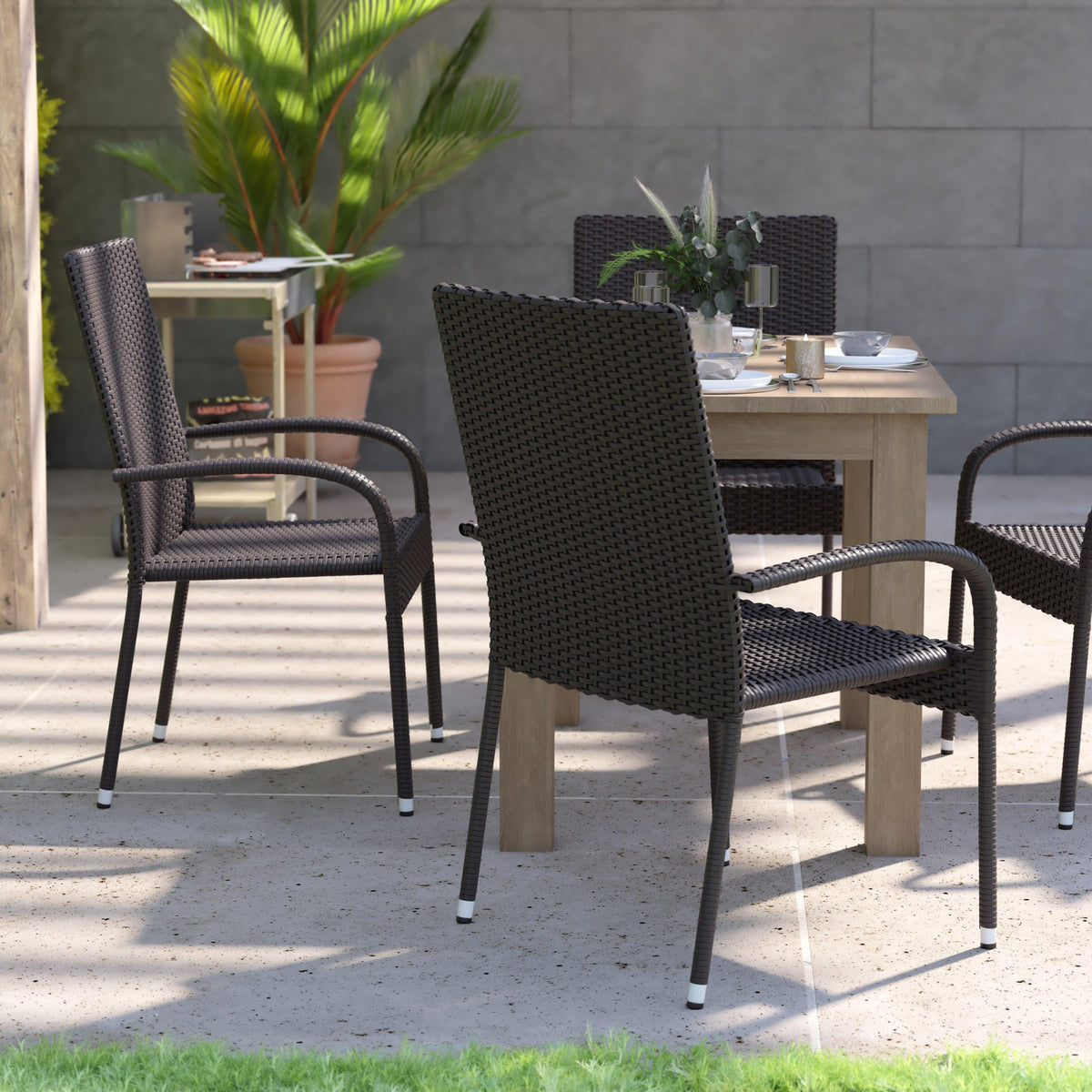 Black |#| Indoor/Outdoor Stacking Steel Framed Black Wicker Dining Armchairs - 4 Pack