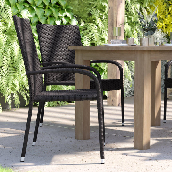 Black |#| Indoor/Outdoor Stacking Steel Framed Black Wicker Dining Armchairs - 4 Pack