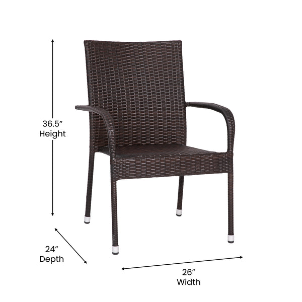 Espresso |#| Indoor/Outdoor Stacking Steel Framed Espresso Wicker Dining Armchairs - 4 Pack