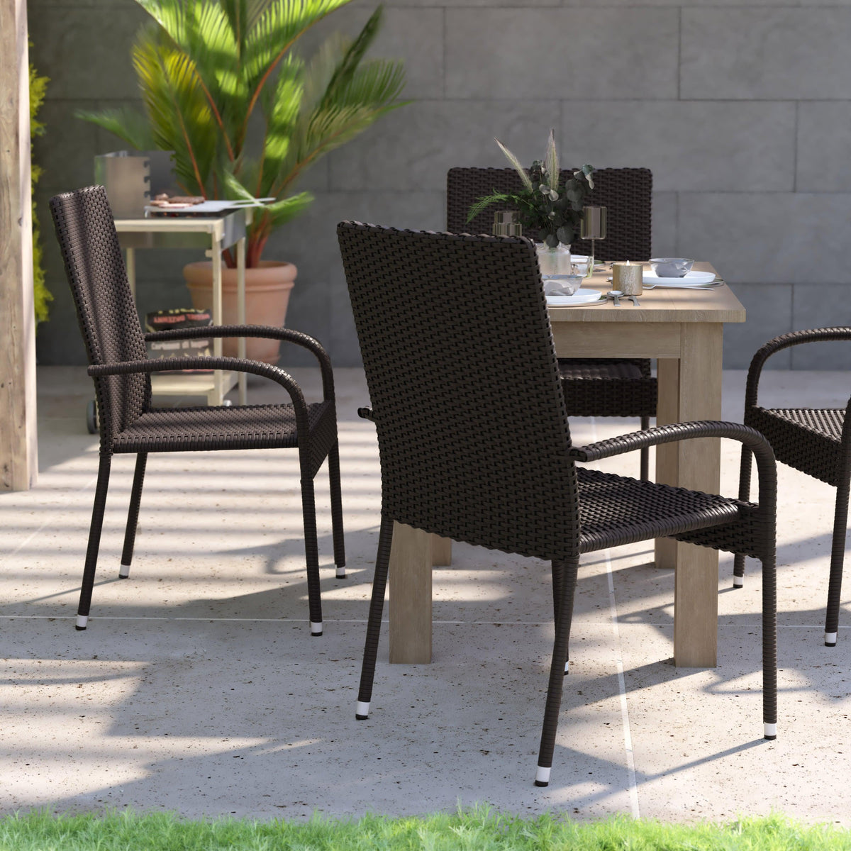Espresso |#| Indoor/Outdoor Stacking Steel Framed Espresso Wicker Dining Armchairs - 4 Pack
