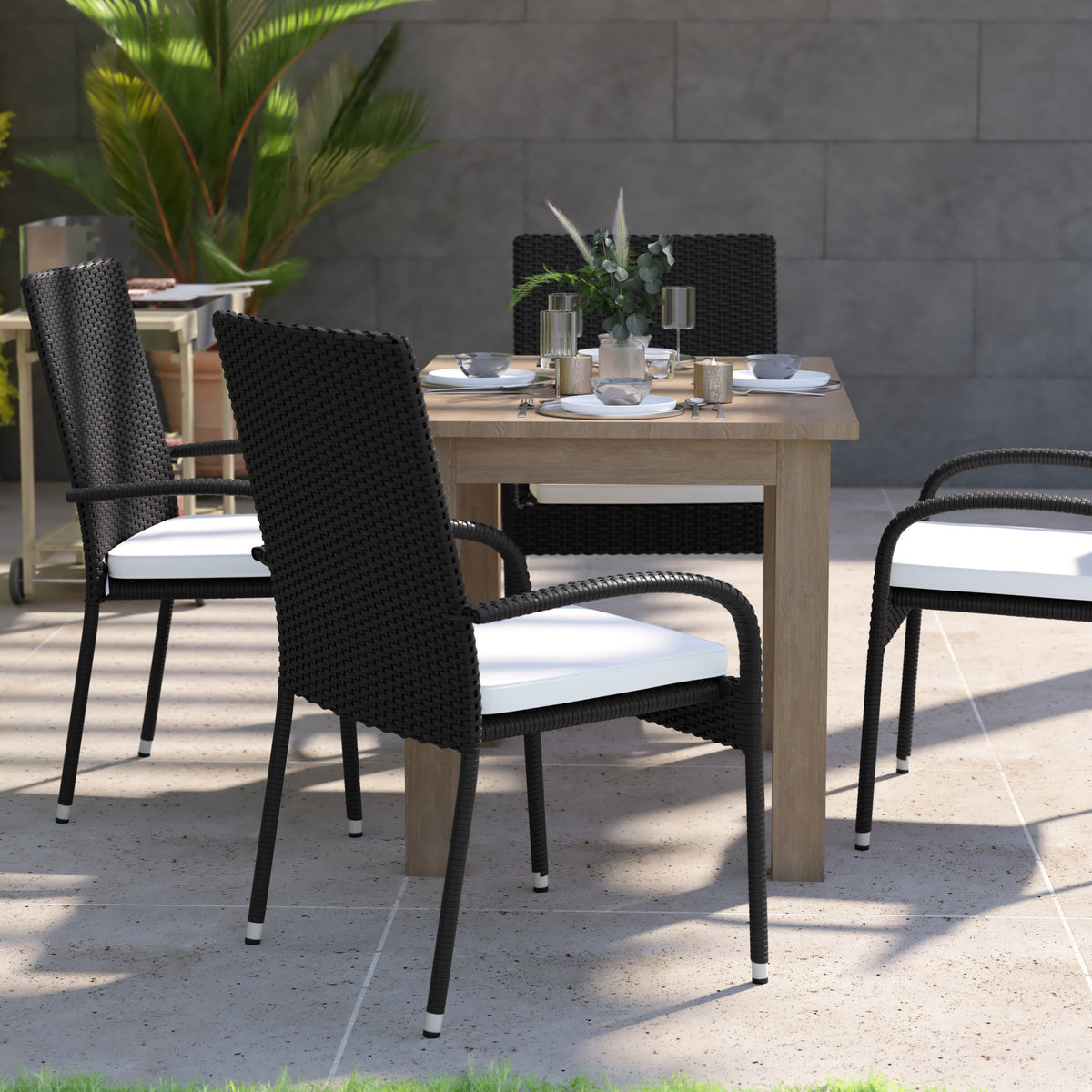 Cream Cushions/Black Frame |#| Set of 4 Indoor/Outdoor Patio Chairs with 1.25" Thick Cushions - Black/Cream