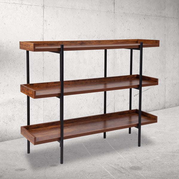 3 Shelf 35inchH Display Unit with Black Metal Frame in Rustic Wood Grain Finish