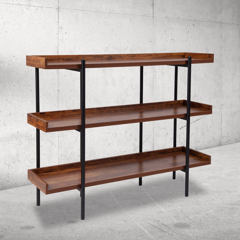 3 Shelf 35inchH Display Unit with Black Metal Frame in Rustic Wood Grain Finish