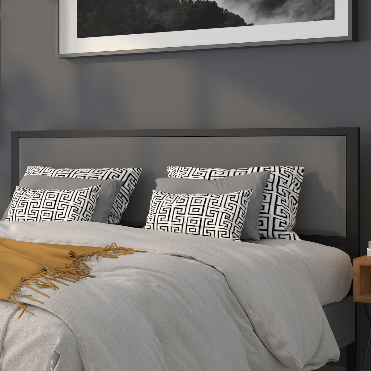 Dark Gray,King |#| King Size Upholstered Metal Panel Headboard in Dark Gray Fabric