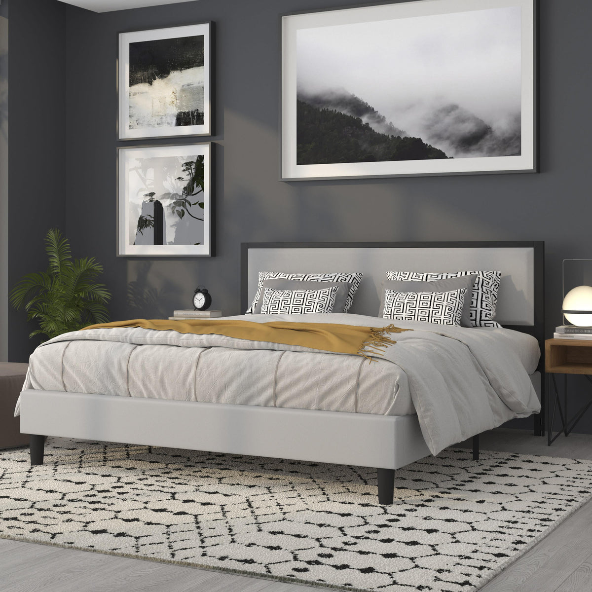 Light Gray,King |#| King Size Upholstered Metal Panel Headboard in Light Gray Fabric