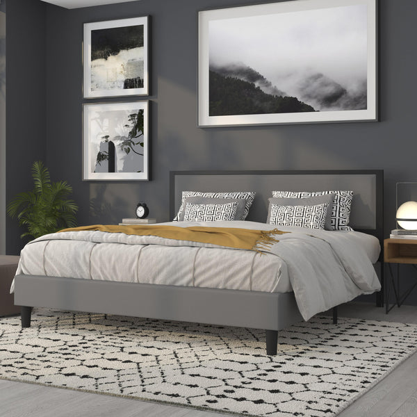 Dark Gray,King |#| King Size Upholstered Metal Panel Headboard in Dark Gray Fabric