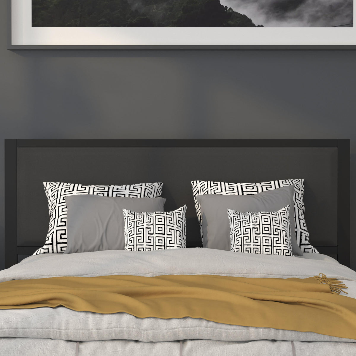 Black,Queen |#| Queen Size Upholstered Metal Panel Headboard in Black Fabric