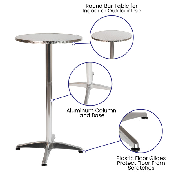 Aluminum |#| Indoor/Outdoor 23.5inchH Aluminum Round Bar Height Table with Cross Base