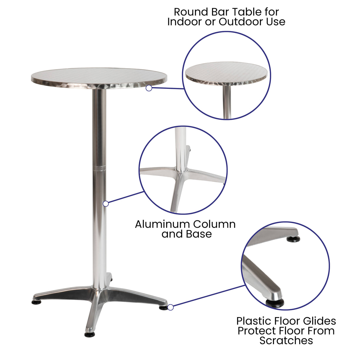 Aluminum |#| Indoor/Outdoor 23.5"H Aluminum Round Bar Height Table with Cross Base