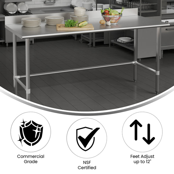 72"W x 30"D x 38.5"H |#| Commercial Stainless Steel Kitchen Prep and Work Table with 4" Backsplash