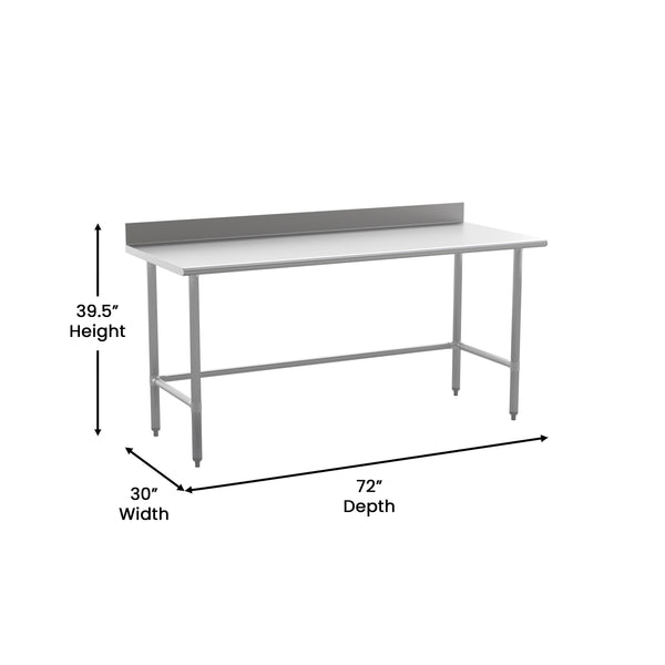 72"W x 30"D x 38.5"H |#| Commercial Stainless Steel Kitchen Prep and Work Table with 4" Backsplash