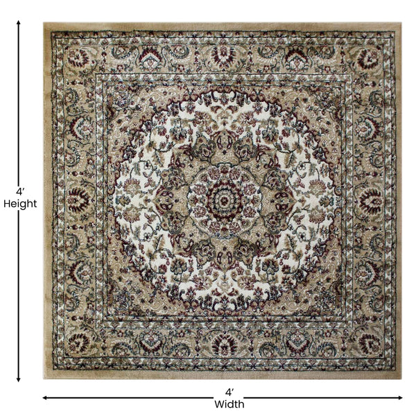 Ivory,4' Square |#| Multipurpose Ivory Persian Style Olefin Medallion Motif Area Rug - 4x4 Square
