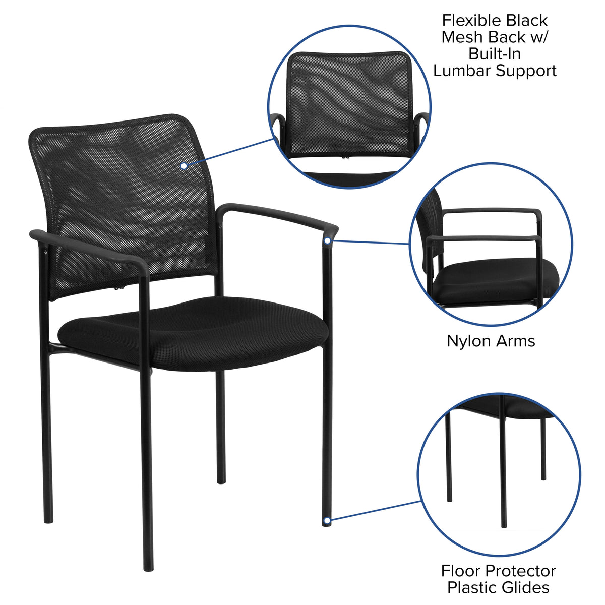 Black |#| Comfort Black Mesh Stackable Steel Side Chair with Arms - Reception Seating