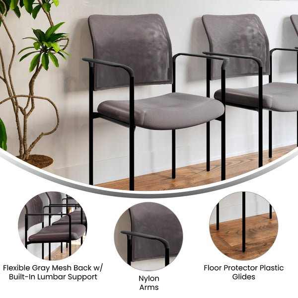 Gray |#| Comfort Gray Mesh Stackable Steel Side Chair with Arms - Reception Seating