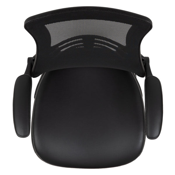Black LeatherSoft/Mesh |#| Black Mesh Sled Base Side Reception Chair with LeatherSoft Seat and Flip-Up Arms